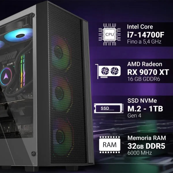 PC GAMING FISSO – COMPUTER GAMING INTEL ULTRA7 265KF – SCHEDA VIDEO RX9070XT 16GB – RAM 32GB DDR5 – SSD 1TB NVME M.2 – WI-FI 6E E BLUETOOTH – HDMI E DISPLAYPORT – USB 3.2 – WINDOWS 11 PRO