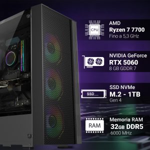 PC Gaming Fisso – Computer Gaming AMD Ryzen 5 4500 • Scheda Video RTX 5060Ti 16GB • RAM 32GB DDR4 • SSD 1TB NVMe M.2 • Wi-Fi AC e Bluetooth • HDMI e DisplayPort • USB 3.0 • Windows 11 Pro